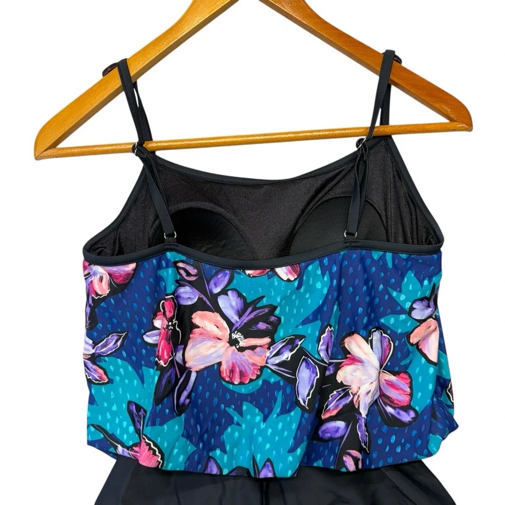Maxine Of Hollywood Womens Swimsuit 16 One Piece Black Blue Floral Modest Mature